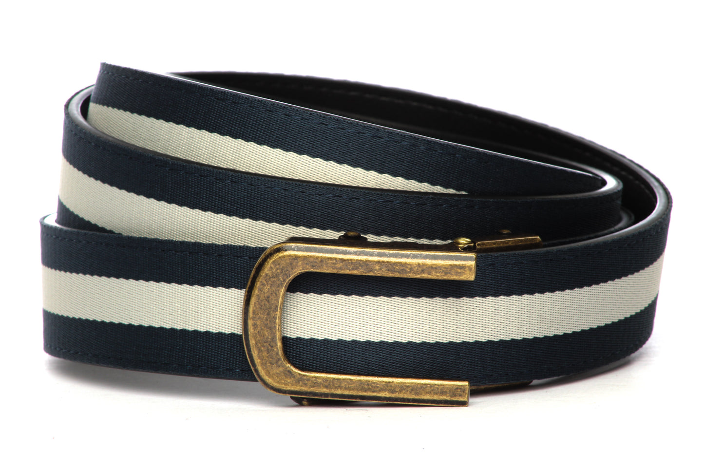 1.25 Navy White Stripe Cloth Strap with Traditional Antiqued Gold w/ Curve