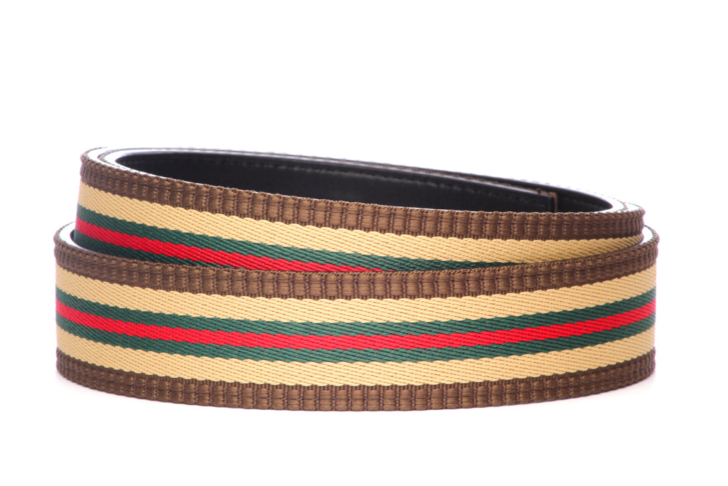 “Casual Stripes” Anson Belt set, casual look, 1.5 inches wide, green and red stripe with trim cloth strap
