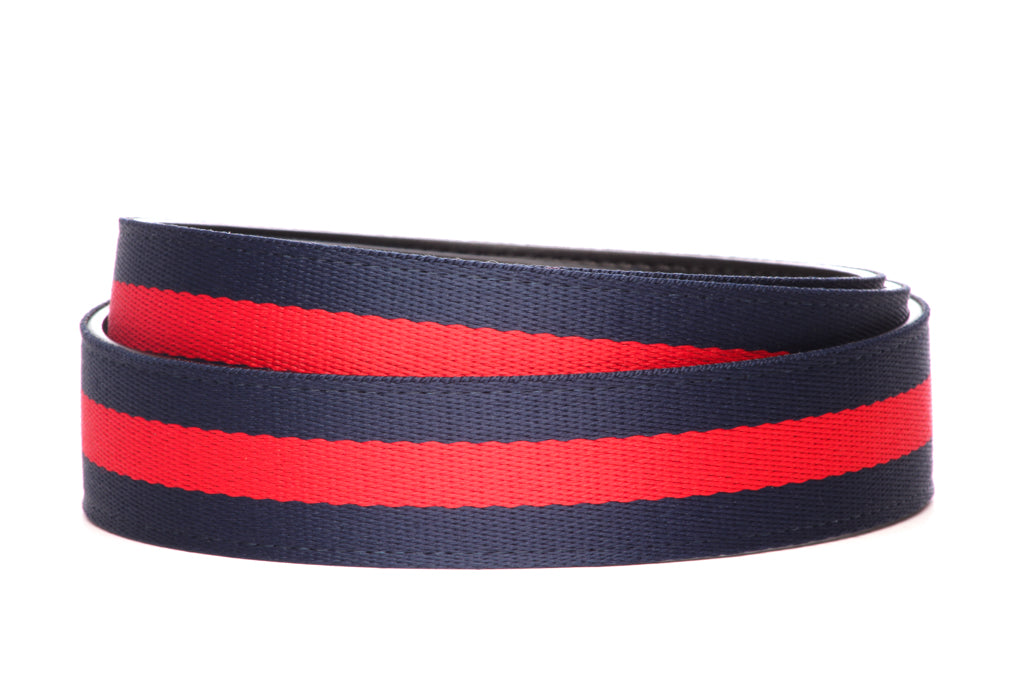 “Casual Stripes” Anson Belt set, casual look, 1.5 inches wide, navy with red stripe cloth strap