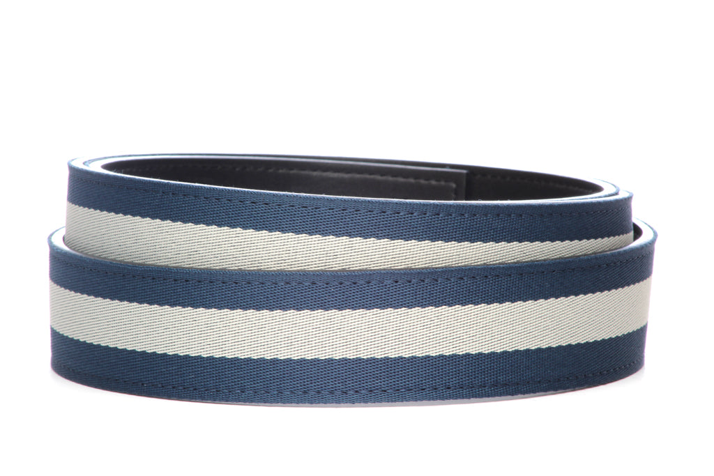 “Casual Stripes” Anson Belt set, casual look, 1.5 inches wide, navy with white stripe cloth strap