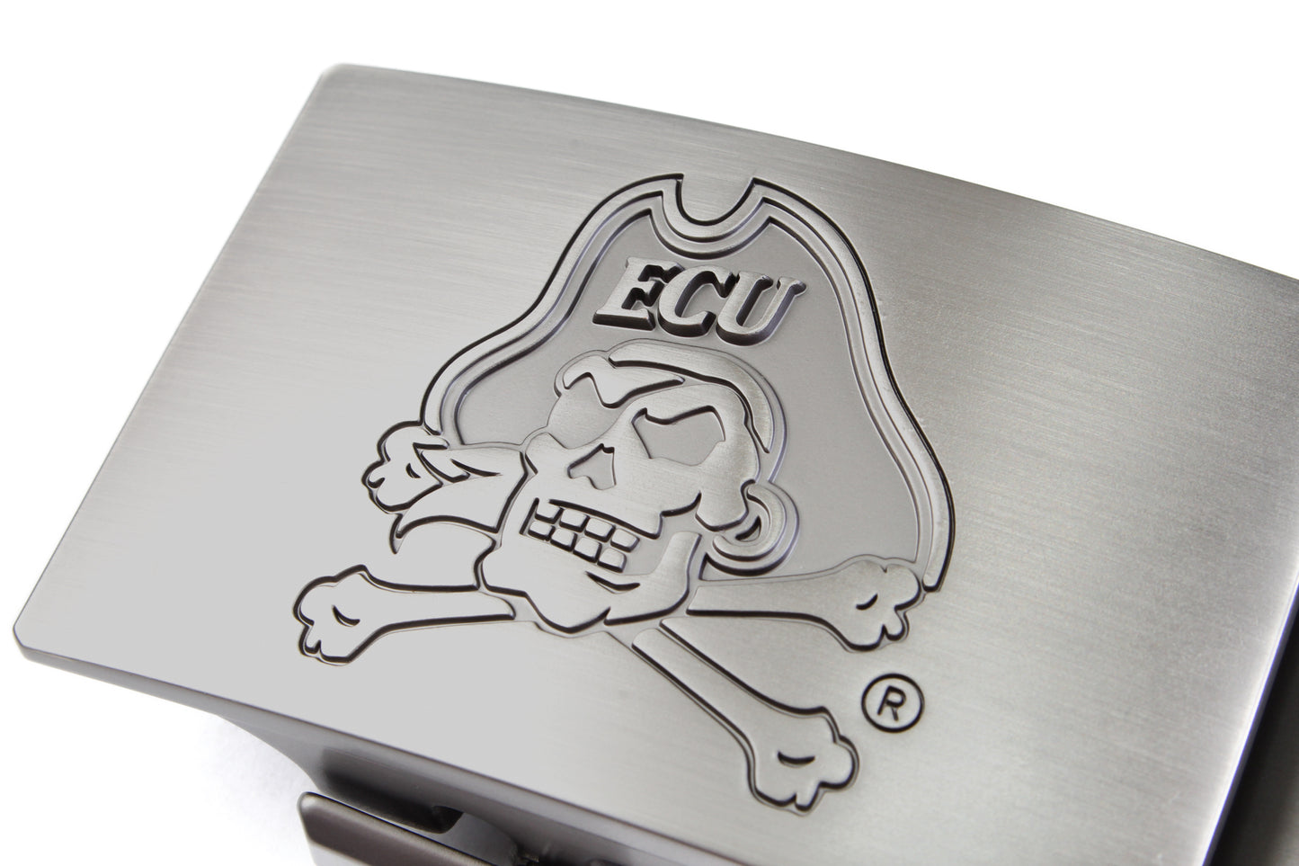 Men's ECU jolly-roger ratchet belt buckle in COLOR with a width of 1.5 inches, close up front view.