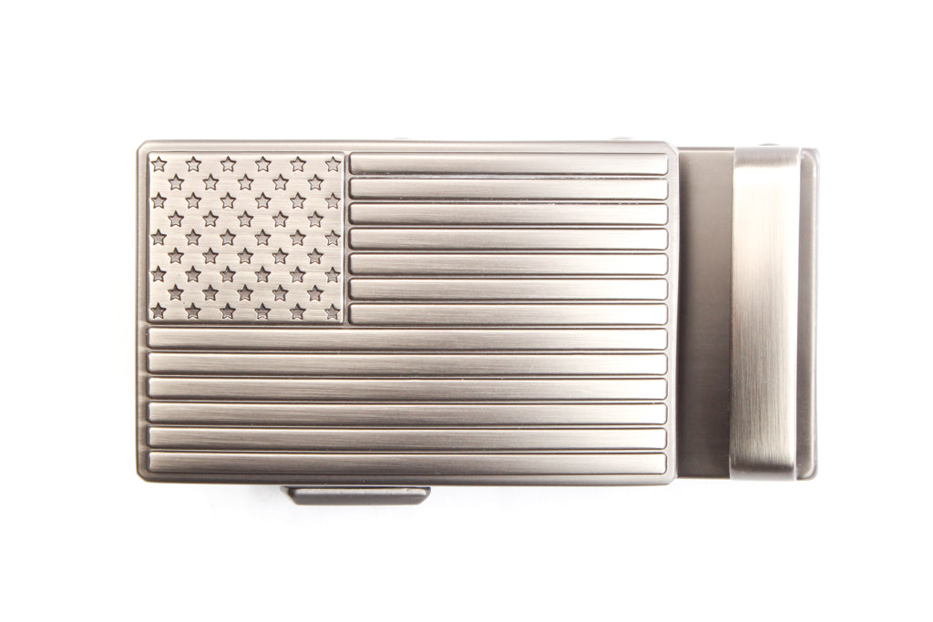 Men's USA flag ratchet belt buckle in gunmetal with a width of 1.5 inches, top view.