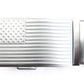 Men's USA flag ratchet belt buckle in silver with a width of 1.5 inches, top view.
