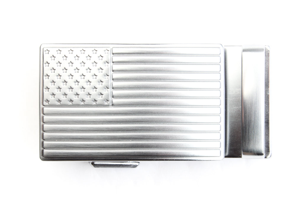 Men's USA flag ratchet belt buckle in silver with a width of 1.5 inches, top view.