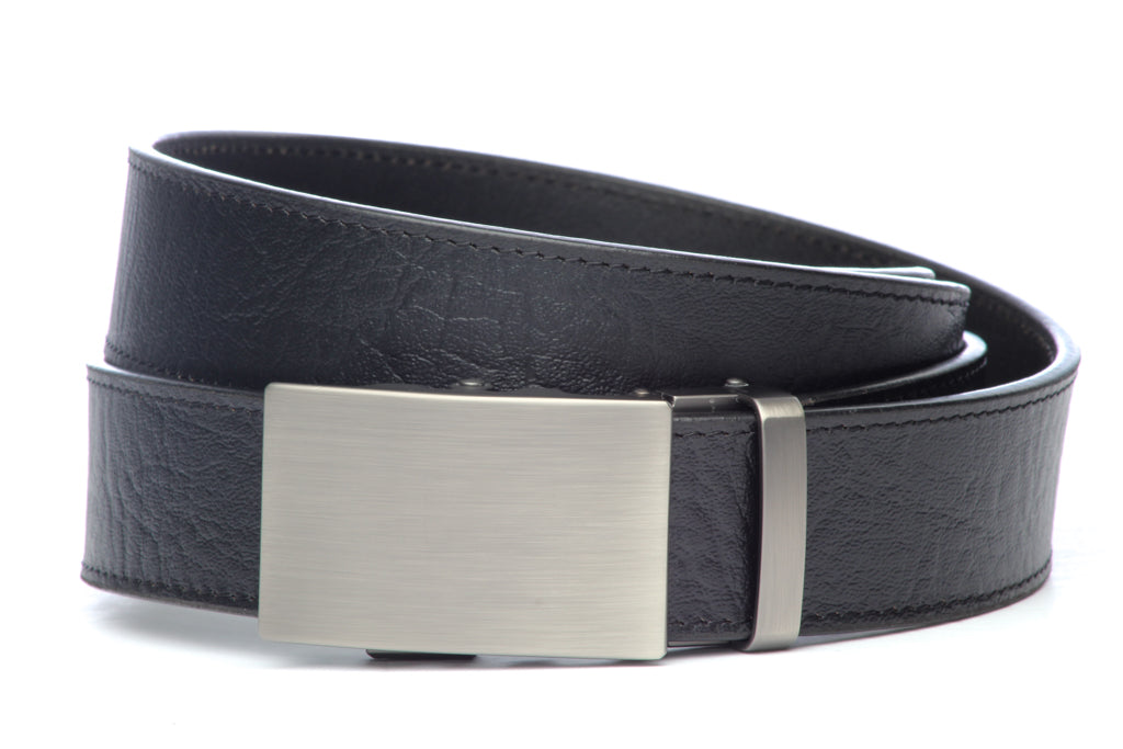 Men’s black buffalo vegetable tanned leather belt strap with classic buckle in gunmetal, casual look, 1.5 inches wide