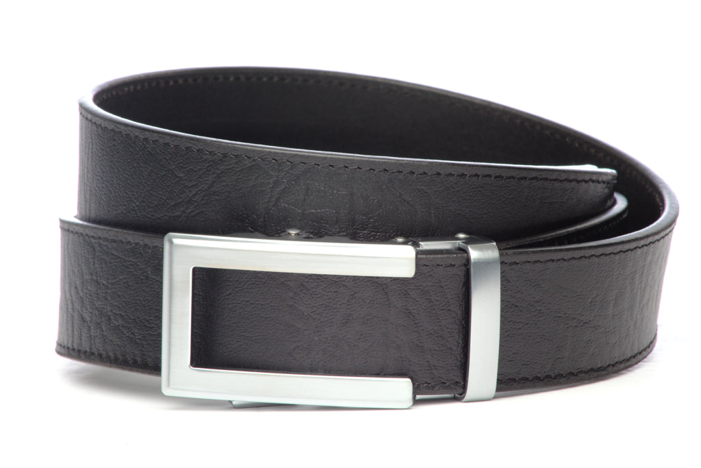 Men’s black buffalo vegetable tanned leather belt strap with traditional buckle in silver, casual look, 1.5 inches wide