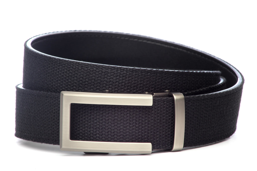 Men’s black cotton canvas belt strap with traditional buckle in gunmetal, casual look, 1.5 inches wide