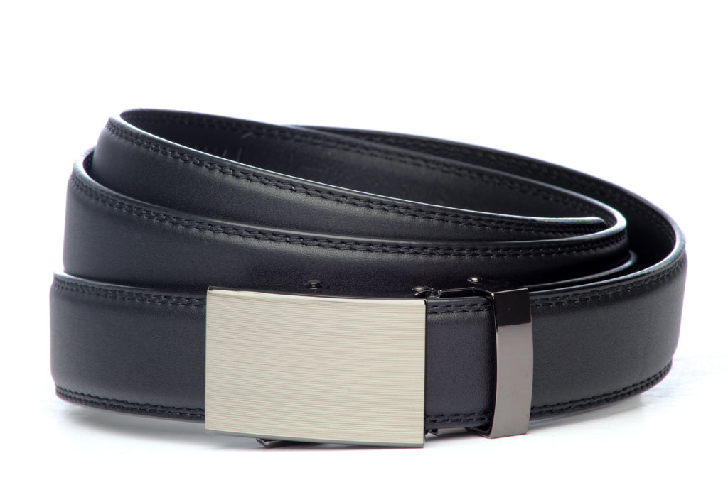 Men’s black leather belt strap with classic buckle in formal gunmetal, formal look, 1.25 inches wide