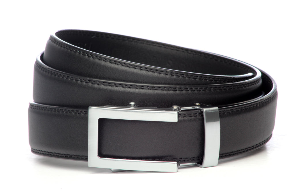 Men’s black leather belt strap with traditional buckle in silver, formal look, 1.25 inches wide