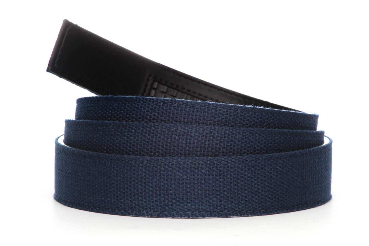 Men's canvas belt strap in navy with a 1.25-inch width, casual look, microfiber back