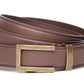 Men’s chocolate leather belt strap with traditional buckle in antiqued gold, formal look, 1.25 inches wide