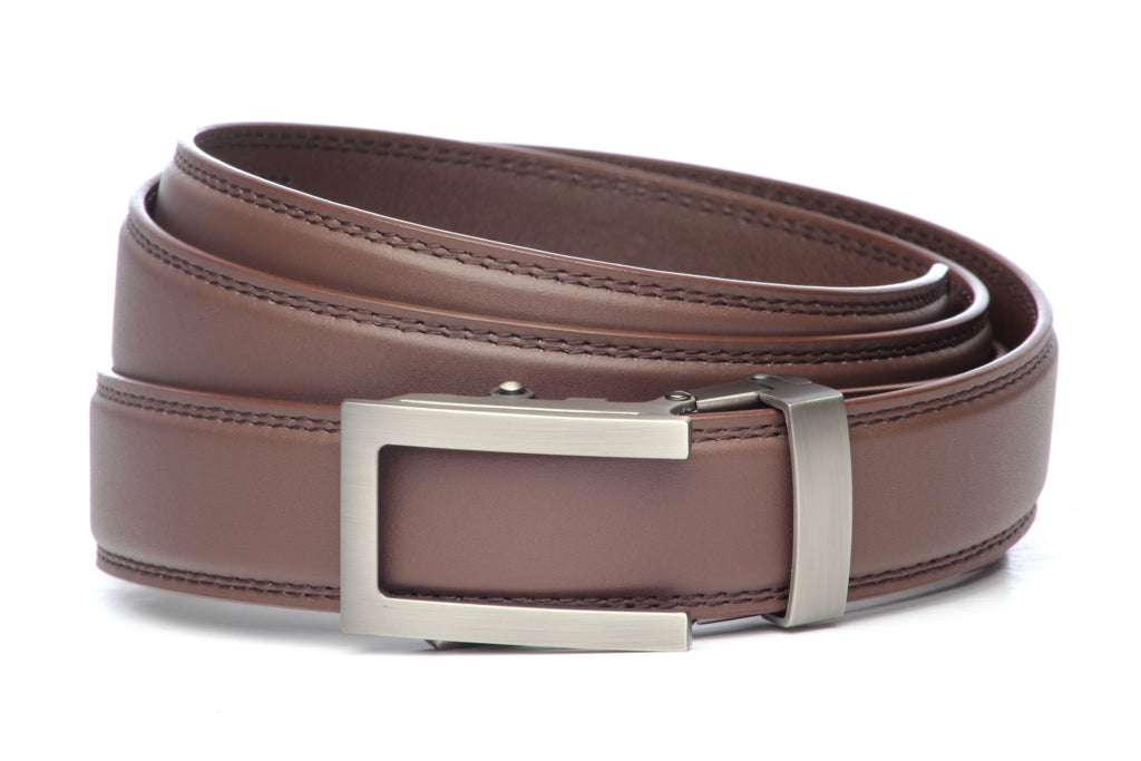 Men’s chocolate leather belt strap with traditional buckle in gunmetal formal look, 1.25 inches wide