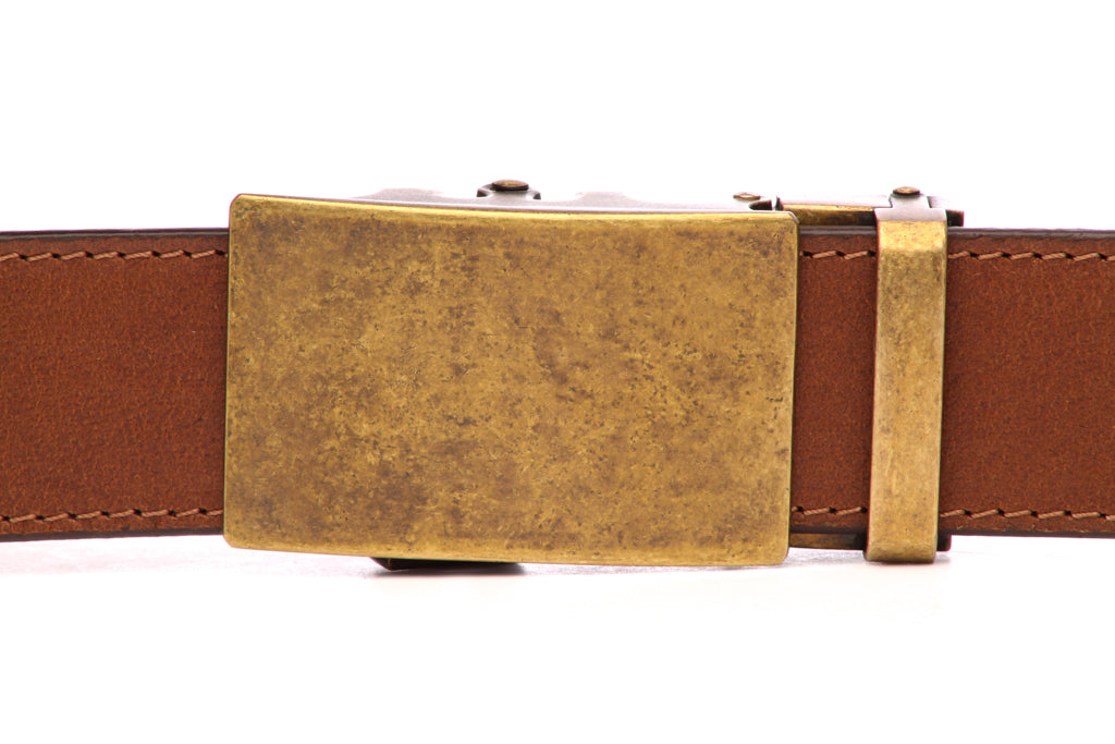 Men's classic ratchet belt buckle in antiqued gold with a width of 1.5 inches, front view.