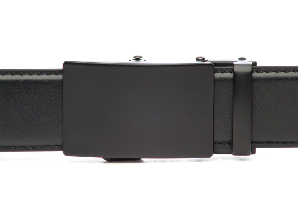 Men's classic ratchet belt buckle in black with a width of 1.5 inches, front view.