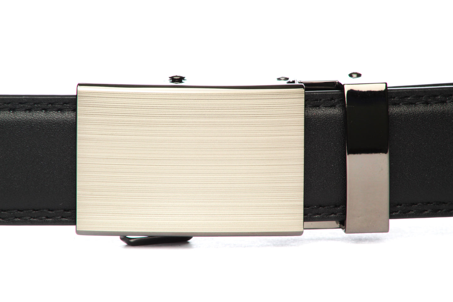 Men's classic ratchet belt buckle in formal gunmetal with a 1.25-inch width, front view.