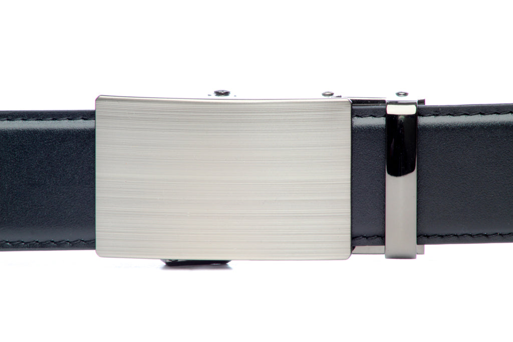 Men's classic ratchet belt buckle in formal gunmetal with a width of 1.5 inches, front view.