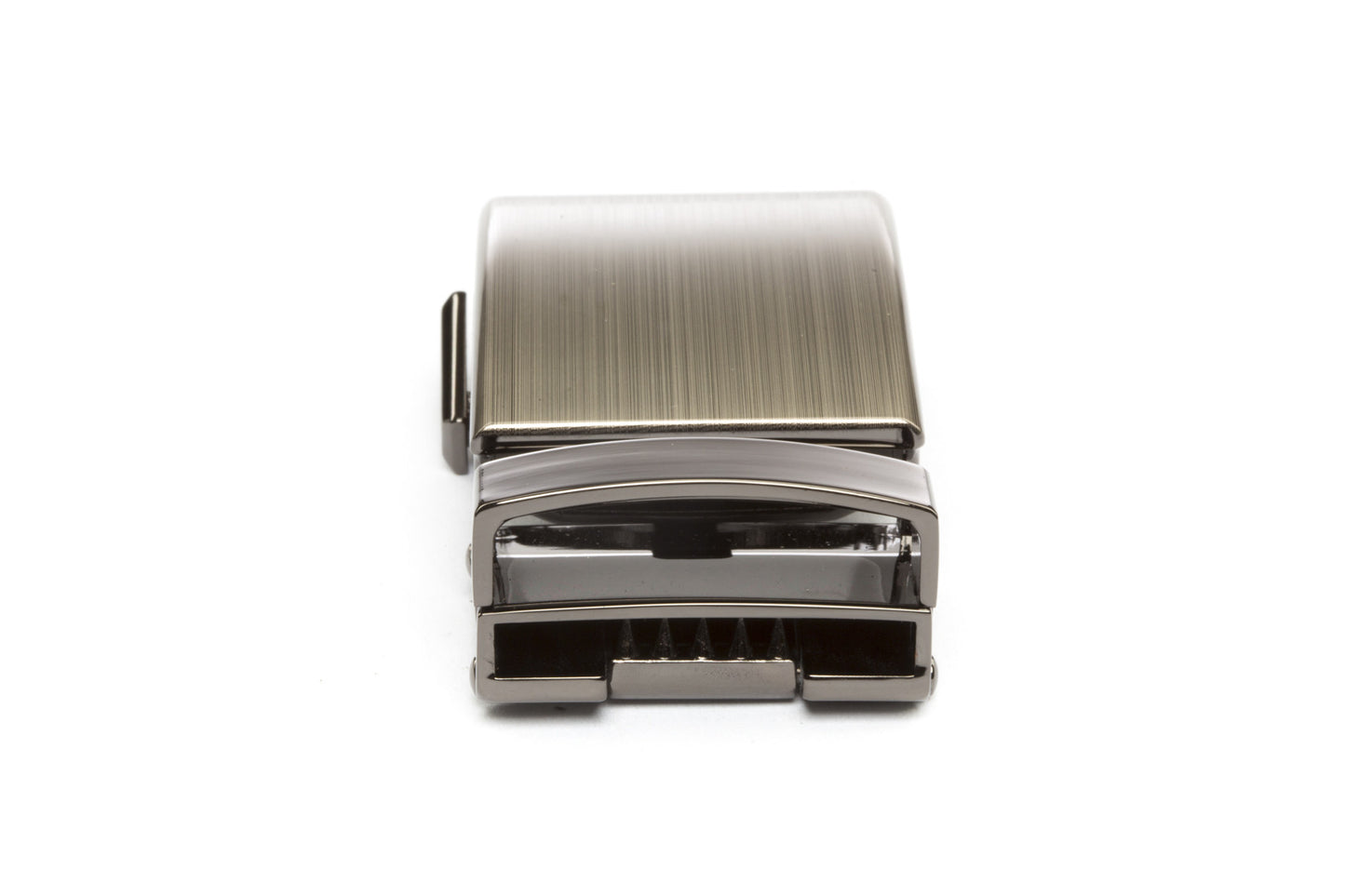 Men's classic ratchet belt buckle in formal gunmetal with a 1.25-inch width, rear view.