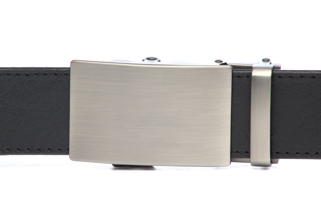 Men's classic ratchet belt buckle in gunmetal with a width of 1.5 inches, front view.