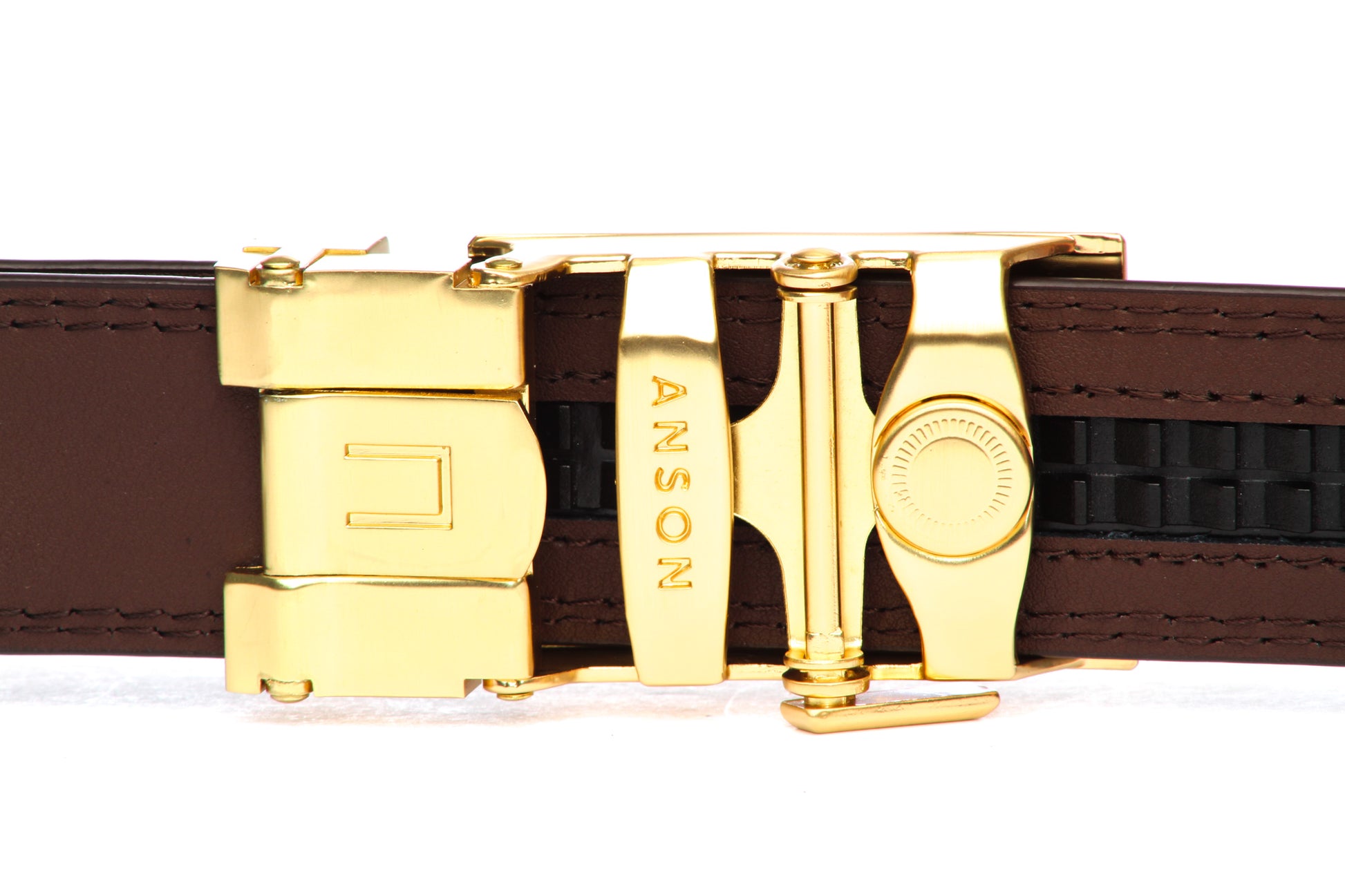 Men's classic ratchet belt buckle in matte gold with a 1.25-inch width, back view.