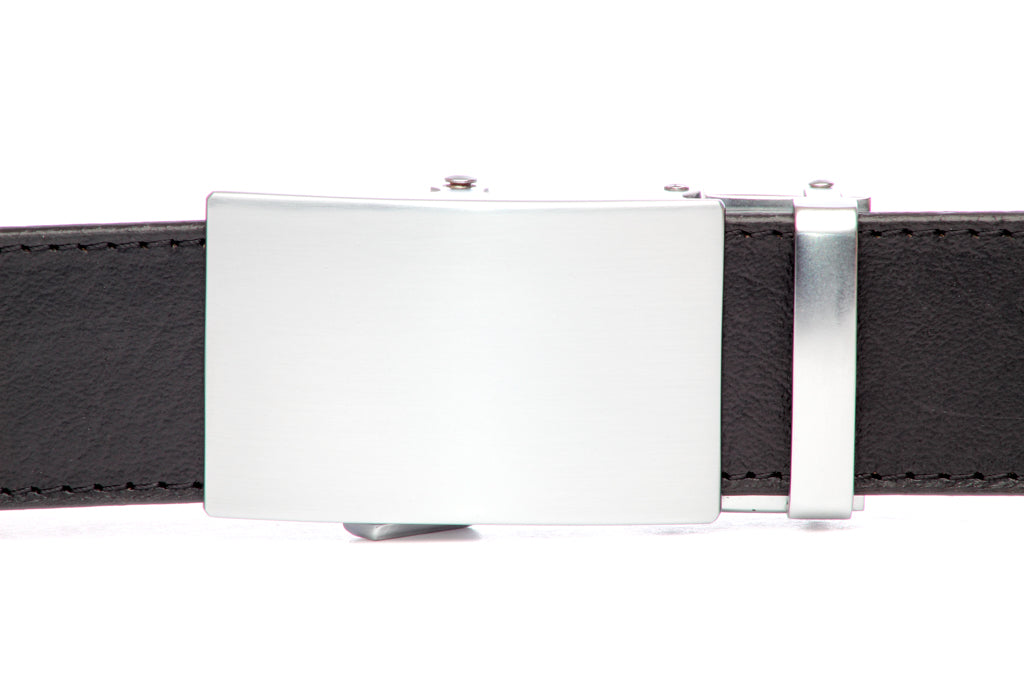 Men's classic ratchet belt buckle in silver with a width of 1.5 inches, front view.