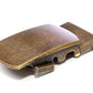 Men's classic with a curve ratchet belt buckle in antiqued gold with a width of 1.5 inches.