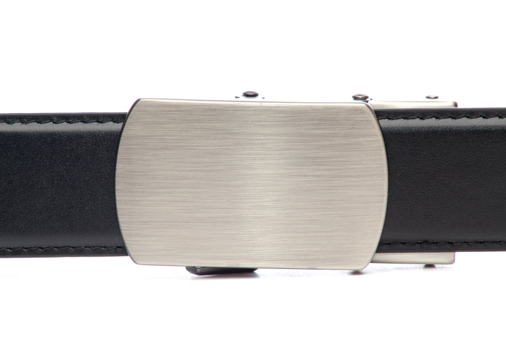 Men's classic with a curve ratchet belt buckle in formal gunmetal with a width of 1.5 inches, front view.