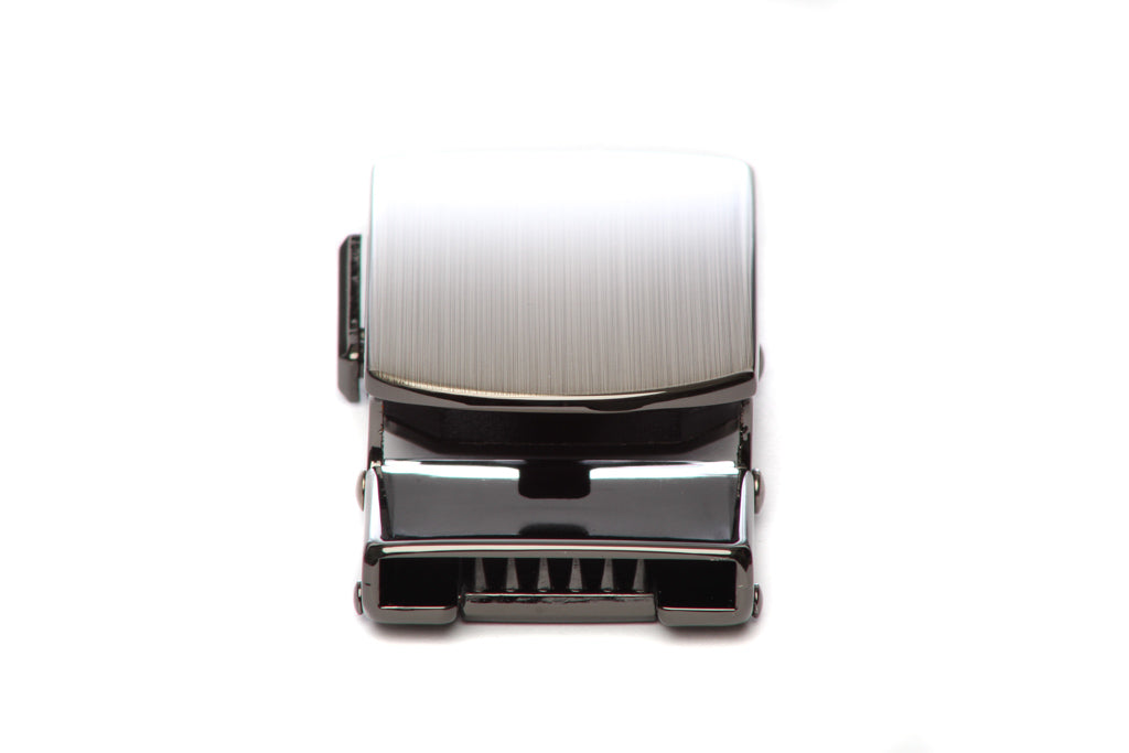Men's classic with a curve ratchet belt buckle in formal gunmetal with a 1.25-inch width, rear view.