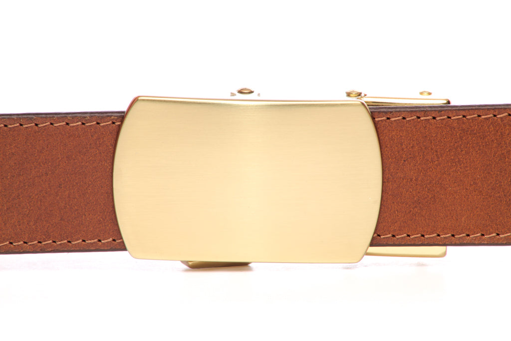 Men's classic with a curve ratchet belt buckle in matte gold with a width of 1.5 inches, front view.
