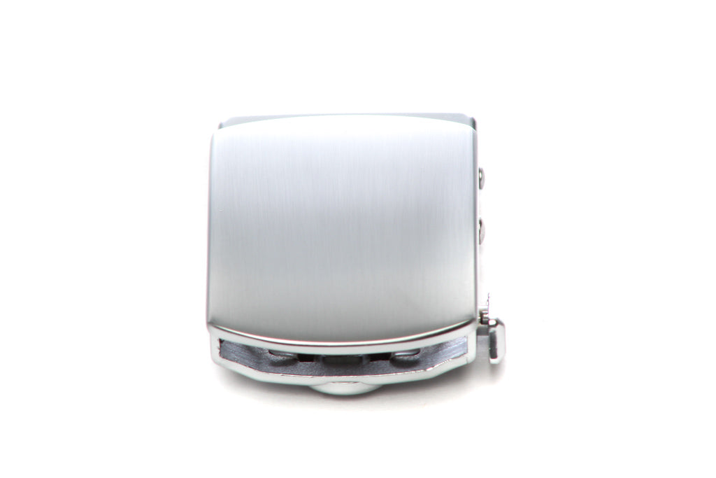 Men's classic with a curve ratchet belt buckle in silver with a 1.25-inch width, front view.