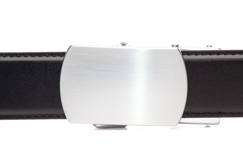 Men's classic with a curve ratchet belt buckle in silver with a width of 1.5 inches, front view.