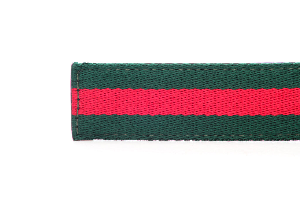 Men's cloth belt strap in green-red stripe with a 1.25-inch width, casual look, tip of the strap