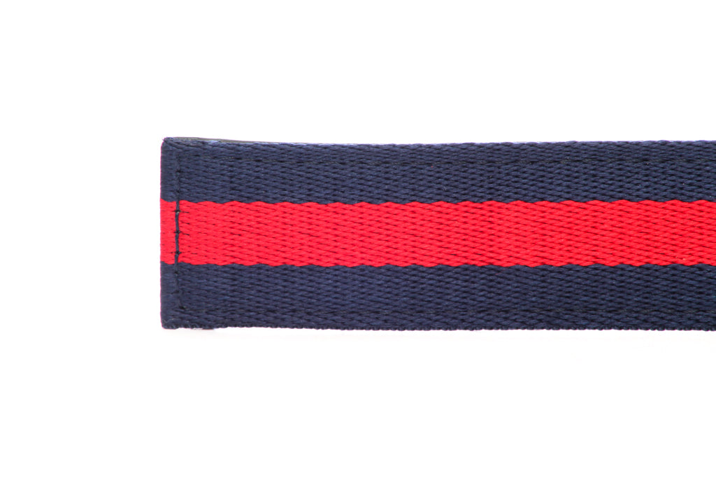 Men's cloth belt strap in navy-red stripe with a 1.25-inch width, casual look, tip of the strap