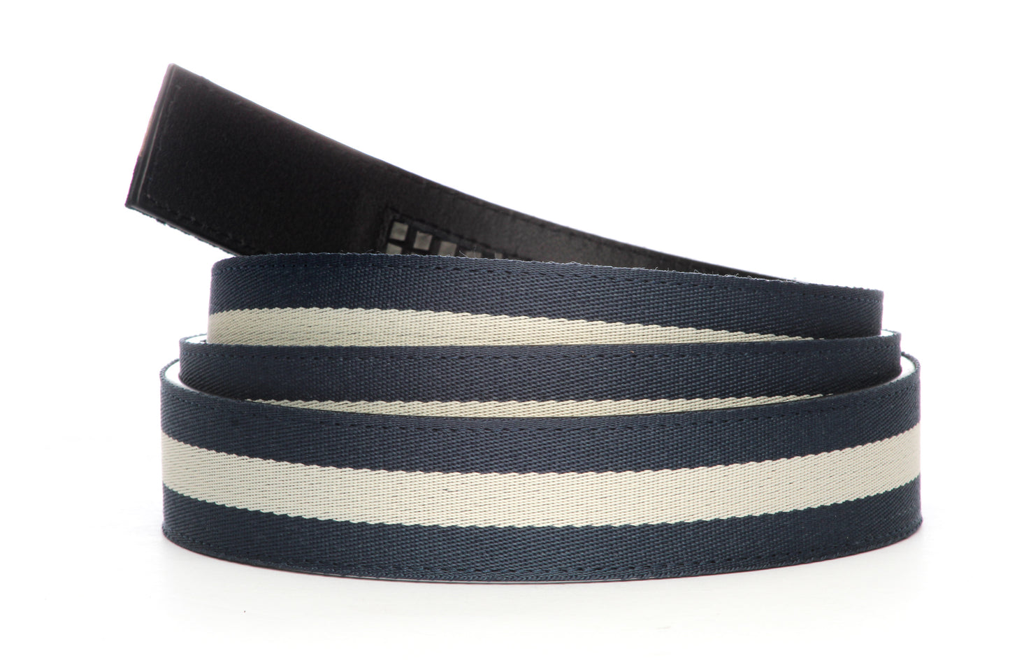 Men's cloth belt strap in navy-white stripe with a 1.25-inch width, casual look, microfiber back