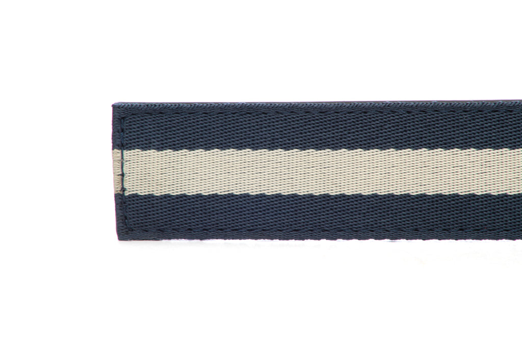 Men's cloth belt strap in navy-white stripe with a 1.25-inch width, casual look, tip of the strap