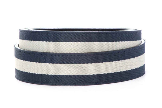 Men's cloth belt strap in navy with white stripe, 1.5 inches wide, casual look