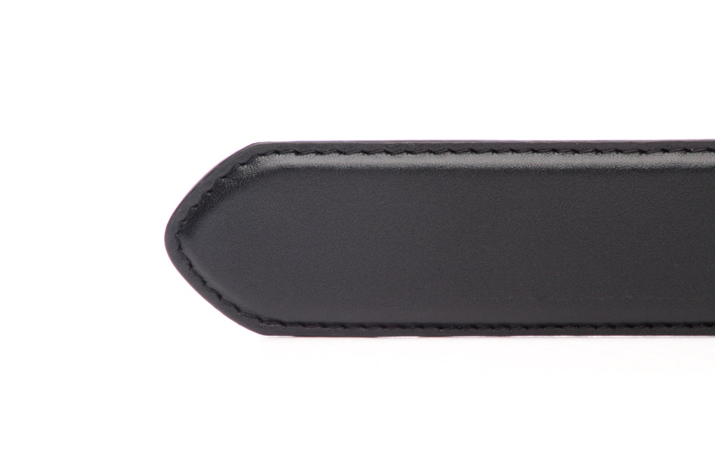 Men's concealed carry belt strap in black, 1.5 inches wide, formal look, tip of the strap