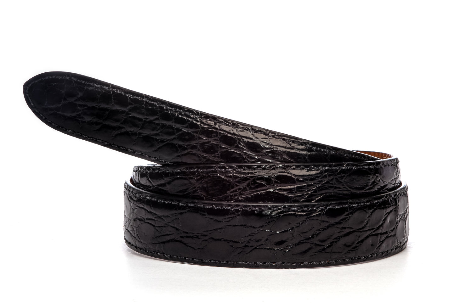 Men's crocodile belt strap in black with a 1.25-inch width, formal look, full roll