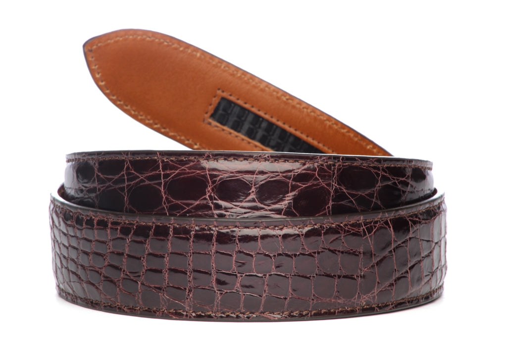 Men's crocodile belt strap in dark brown, 1.5 inches wide, formal look, full roll