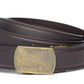 Men’s dark brown leather belt strap and classic buckle in antiqued gold with a curve, formal look, 1.25 inches wide