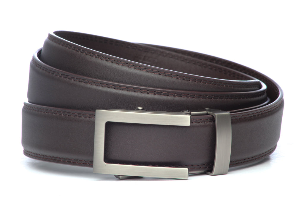 Men’s dark brown leather belt strap with traditional buckle in gunmetal, formal look, 1.25 inches wide