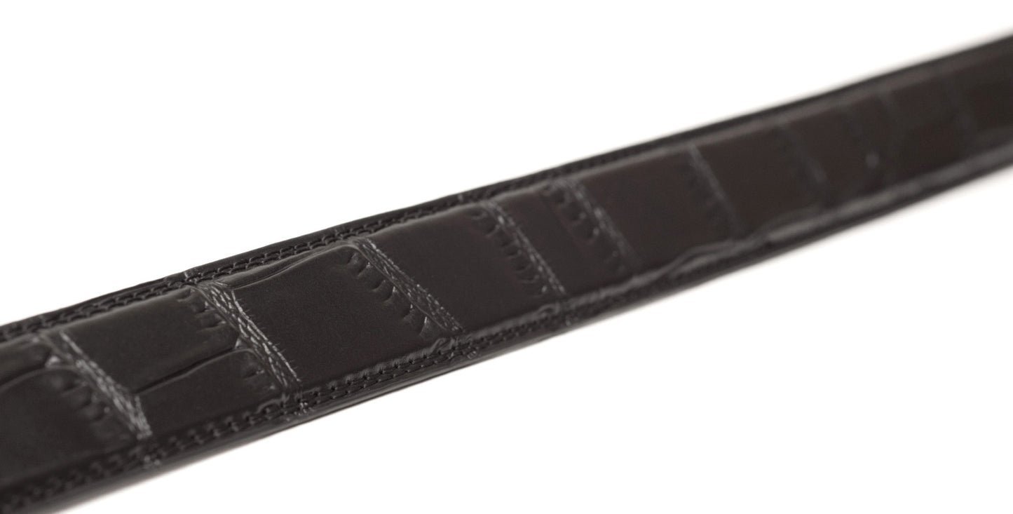 Men's faux croc belt strap in black with a 1.25-inch width, formal look, slanted view