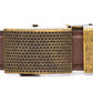 Men's golf ratchet belt buckle in antiqued gold with a 1.25-inch width, front view.