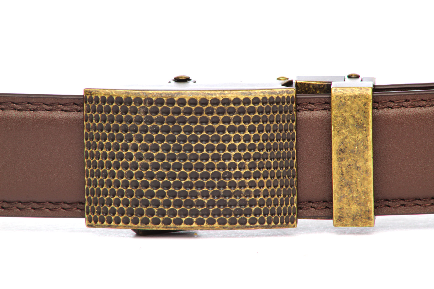 Men's golf ratchet belt buckle in antiqued gold with a 1.25-inch width, front view.