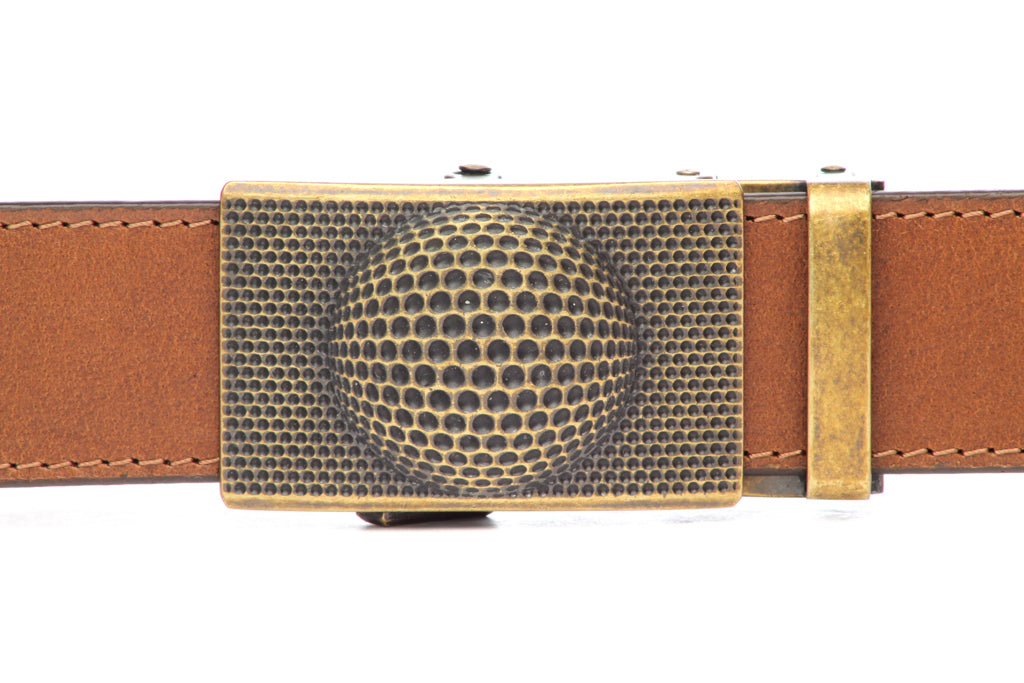 Men's golf ratchet belt buckle in antiqued gold with a width of 1.5 inches, front view.