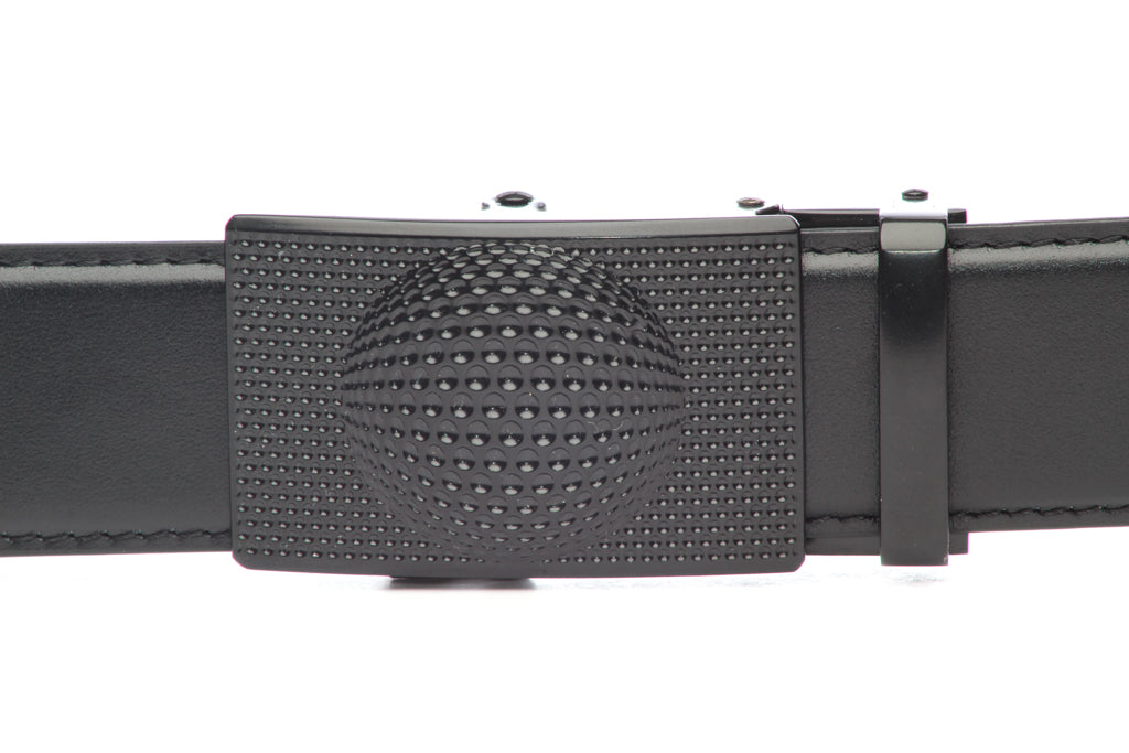 Men's golf ratchet belt buckle in black with a width of 1.5 inches, front view.