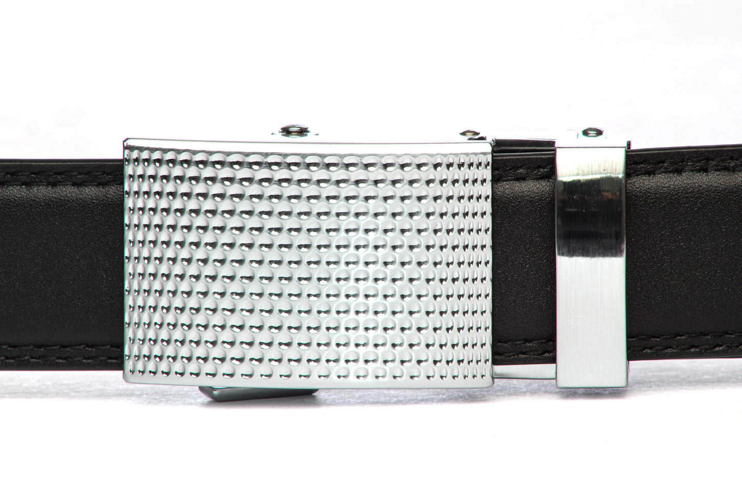 Men's golf ratchet belt buckle in silver with a 1.25-inch width, front view.