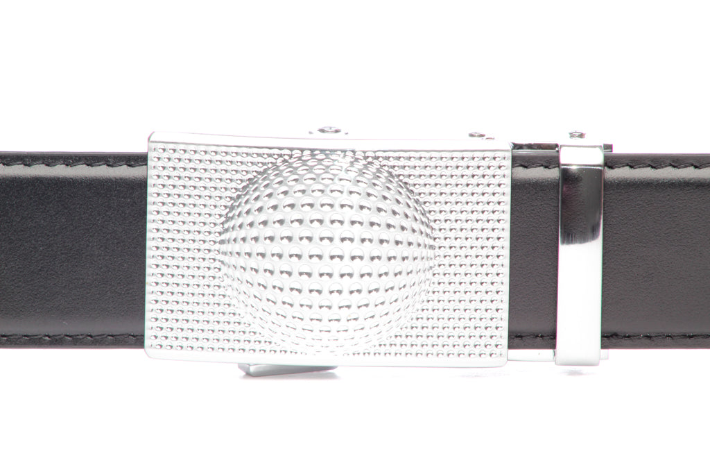 Men's golf ratchet belt buckle in silver with a width of 1.5 inches, front view.