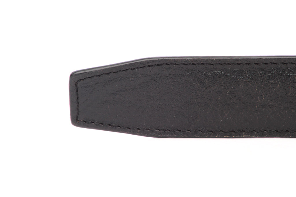 Men's leather belt strap in black buffalo vegetable tanned, 1.5 inches wide, formal look, tip of the strap
