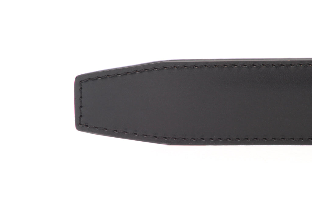Men's leather belt strap in black vegetable tanned, 1.5 inches wide, formal look, tip of the strap