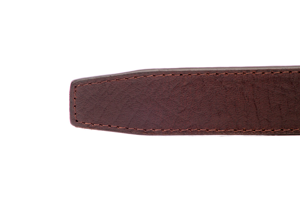 Men's leather belt strap in brown buffalo vegetable tanned with a 1.25-inch width, formal look, tip of the strap